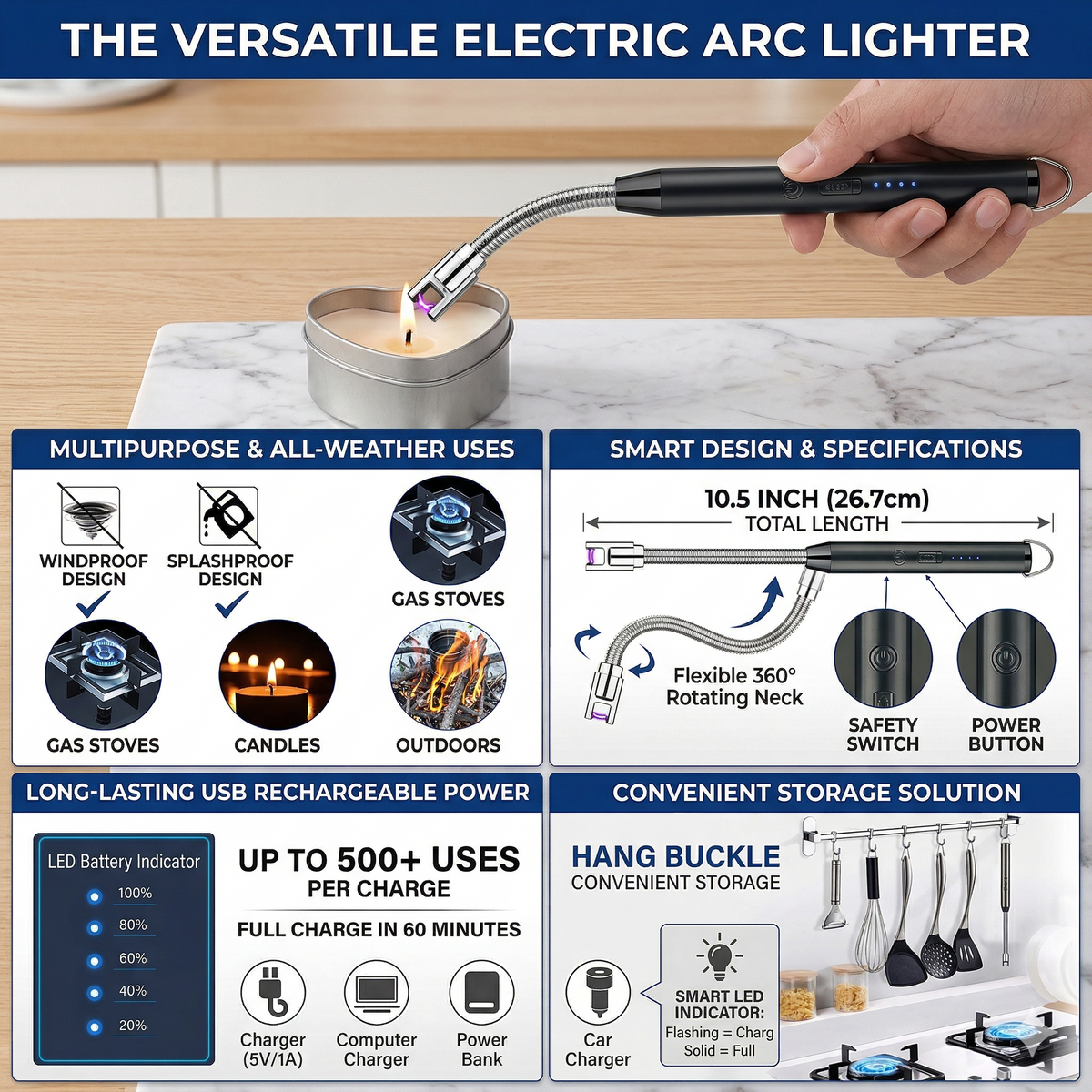 Rechargeable USB Electric Arc Lighter – Windproof Flameless Plasma Lighter for Kitchen & Outdoor Use