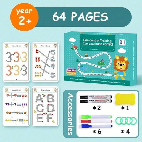 64 Pages Magic Practice Reusable Tracing Workbook for Kids – Handwriting Learning Set with Free Pens